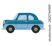 Hand drawn blue classic retro car isolated on white background in flat vector illustration style for vintage vehicle concepts