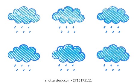 Hand drawn blue cloud set made with chalk and charcoal textures. Childlike grunge collection of playful cloud shapes with sketchy lines and handmade look.