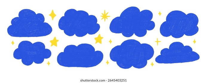 Hand drawn blue clouds and yellow stars set. Cute crayon doodle sky elements in kids style. Vector illustration on white background