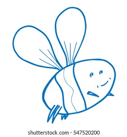 Hand drawn blue contour of cartoon bee. Sketch style illustration. Funny design for kids prints, clothes, rooms, wrapping paper, coloring book pages, scrapbooking, fabric.