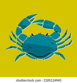 Hand drawn blue Crab. Seafood shop logo, signboard, restaurant menu, fish market, banner, poster design template. Fresh seafood or shellfish product. Trendy Vector isolated illustration. Flat design