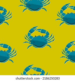 Hand drawn blue Crab. Seafood shop, restaurant menu, fish market, banner, fabric, textile print, poster design template. Fresh shellfish products. Trendy Vector illustration. Square seamless pattern