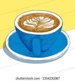 hand drawn blue cup of coffee latte illustration.