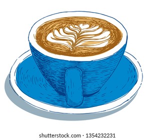 hand drawn blue cup of coffee latte illustration.