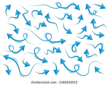 Hand drawn blue curved arrow shape in doodle style. Arrow line set 