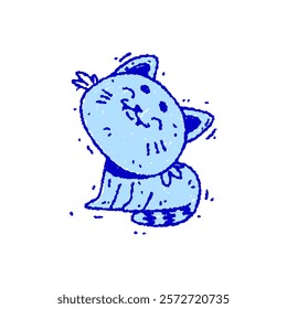 Hand drawn Blue cute cat in doodle style. Funny sketch cartoon animals and pets. Vector line character illustration isolated on white background