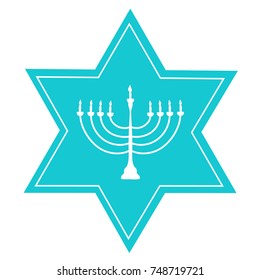 Hand Drawn Blue David Star White Menorah Candle Holder Silhouette. Jewish Hanukkah Holiday Greeting Card Poster Invitation Template. Icon Clean Minimalist Style