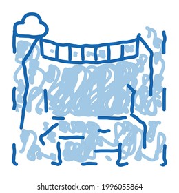  Hand drawn blue doodle line art jungle bridge sign. isolated symbol illustration