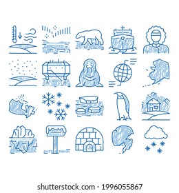  Hand drawn blue doodle line art Arctic Snow And Ice, Iceberg And Bear, Station And Ship, Penguin And Walrus Illustrations