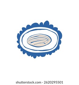 Hand drawn blue doodle oval frame with shell on white background in delicate boho marine style