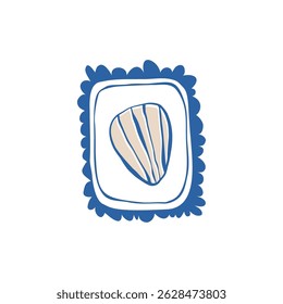 Hand drawn blue doodle rectangle frame with shell on white background in delicate boho marine style