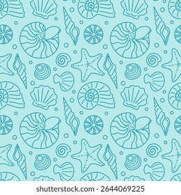 Hand drawn blue doodle seashell seamless pattern. Abstract vector background of ocean and sea animals. Summer illustration of marine life in line art.