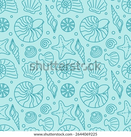 Hand drawn blue doodle seashell seamless pattern. Abstract vector background of ocean and sea animals. Summer illustration of marine life in line art.
