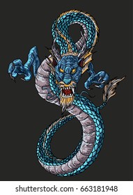 Hand drawn Blue Dragon vector painting , Dragon for Japanese tattoo
