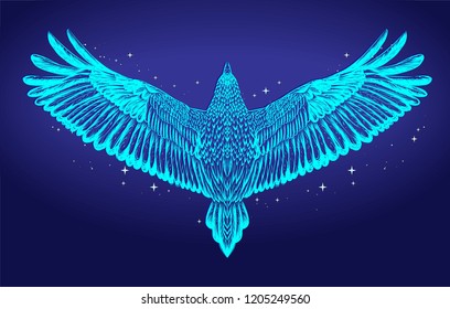 Hand drawn blue eagle and lights on the dark background.Symbol strong spiritual.Printed tee for t shirt.Illustration for book about dreams.Astrology.Animal constellation.Flying bird in the night sky.