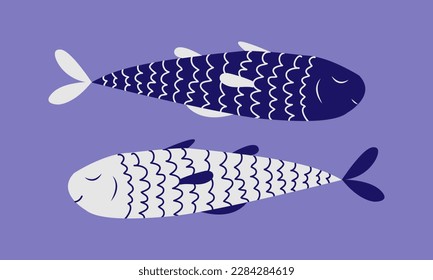 Hand drawn blue fish. Doodle, simple illustration Vector