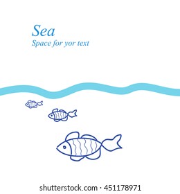 Hand drawn blue fish on a white background. Template for design flyer, brochure, booklet. Underwater animals in the ocean
