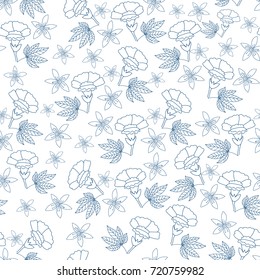 hand drawn blue flower seamless pattern on white background
