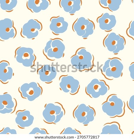 Hand drawn blue flowers and orange line on white background. Vector floral illustration.