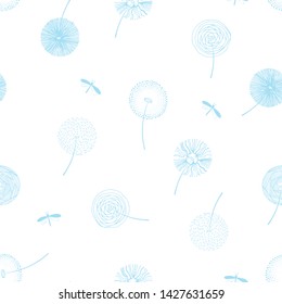 Hand drawn blue fluffy dandelion silhouettes seamless pattern. Endless background with dandelions seeds and dragonfly