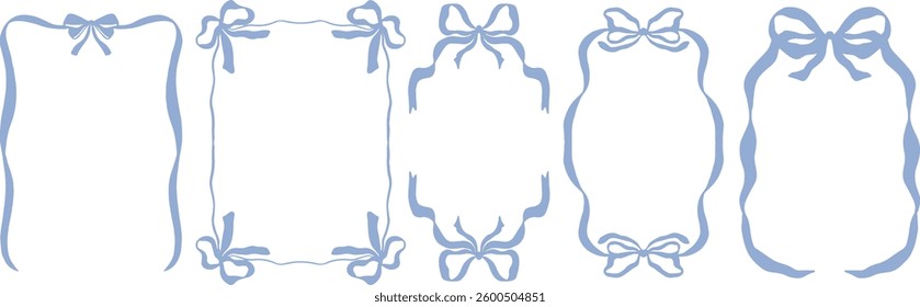 hand drawn blue frame with bow ribbons. whimsical wavy frame set for christmas holiday, birthday card, valentine, wedding invitation