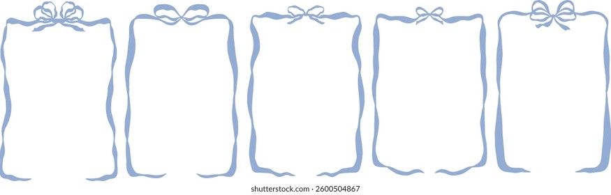hand drawn blue frame with bow ribbons. whimsical wavy frame set for christmas holiday, birthday card, valentine, wedding invitation