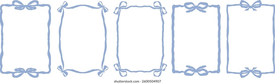 hand drawn blue frame with bow ribbons. whimsical wavy frame set for christmas holiday, birthday card, valentine, wedding invitation