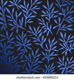 Hand drawn blue gradient leaves set on black background.