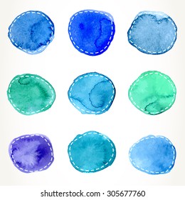 Hand drawn blue and green watercolor circles with dash outline, isolated over white.