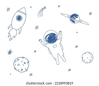 Hand drawn blue happy astronaut, planets and stars in cute childish doodle style on white background. Vector illustration for cover, print, fabric, textile, patterns, baby and kids apparel and more.