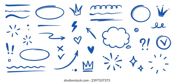 Hand drawn blue highlight, text underline, emphasis mark, line shape set. Hand drawn scribble arrow, love heart, speech bubble, crown element. Marker, pen brush stroke. Vector illustration