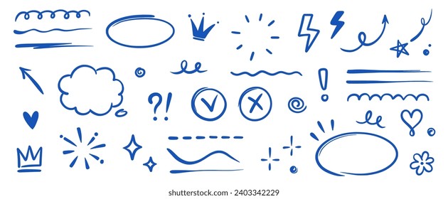 Hand drawn blue highlight, text underline, emphasis mark, line shape set. Hand drawn scribble arrow, love heart, speech bubble, crown element. Marker, pen brush stroke. Vector illustration