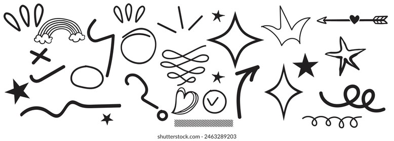 Hand drawn blue highlight, text underline, emphasis mark, line shape set. Hand drawn scribble arrow, love heart, speech bubble, crown element. Marker, pen brush stroke. Vector illustration