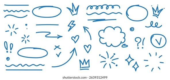 Hand drawn blue highlight, text underline, emphasis mark, line shape set. Hand drawn scribble arrow, love heart, speech bubble, crown element. Marker, pen brush stroke. Vector illustration