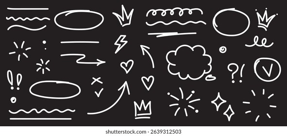 Hand drawn blue highlight, text underline, emphasis mark, line shape set. Hand drawn scribble arrow, love heart, speech bubble, crown element. Marker, pen brush stroke. Vector illustration