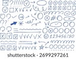 Hand Drawn Blue Highlights and Underlines  Crayon Vector Marks, Checkmarks, and Notebook Shapes on Checkered Paper