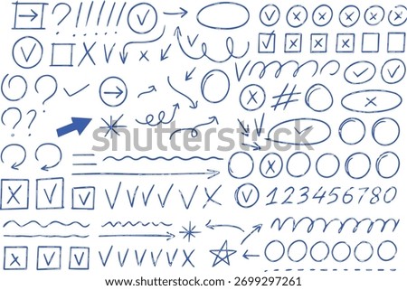 Hand Drawn Blue Highlights and Underlines  Crayon Vector Marks, Checkmarks, and Notebook Shapes on Checkered Paper
