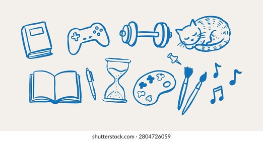 Hand drawn blue hobby doodles featuring books gaming controller dumbbell sleeping cat hourglass painting palette and music on cream background