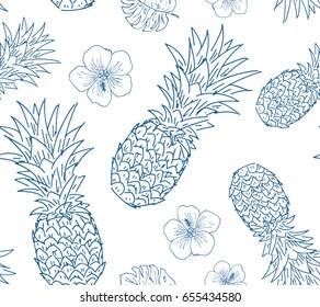 Hand drawn blue ink isolated pineapples with hibiscus and palm leaf seamless vector pattern for design, fabric. Abstract nature stylized fruit flower element background for wrapping paper, texture