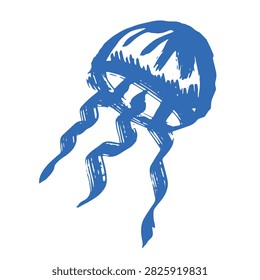 Hand drawn blue jellyfish doodle Sea animal illustration Cute marine underwater creature Medusa sketch clipart Single element for web, design, decor, children's print