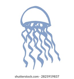 Hand drawn blue jellyfish doodle Sea animal illustration Cute marine underwater creature Medusa sketch clipart Single element for web, design, decor, children's print
