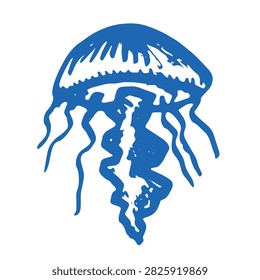 Hand drawn blue jellyfish doodle Sea animal illustration Cute marine underwater creature Medusa sketch clipart Single element for web, design, decor, children's print