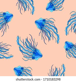 Hand drawn blue jellyfishes on calm orange-pink background. Seamless ocean fauna pattern.