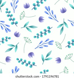Hand drawn blue leaves and blue flowers vector seamless background, natural plant elements on white background, textiles, wallpapers, decorative patterns