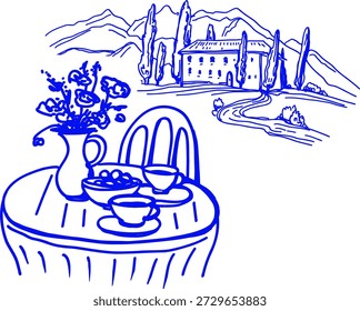 Hand Drawn Blue Line Art Cozy Table with Tuscany View