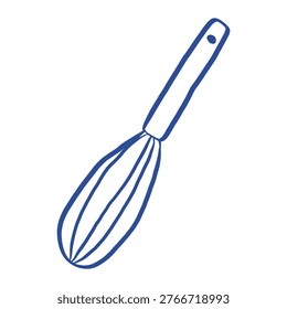 Hand drawn blue line art whisk vector illustration. Kitchen tool for whipping and mixing. Isolated cooking utensil icon for bakery and restaurant design.