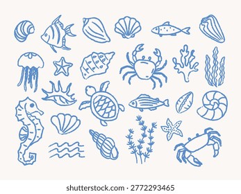 Hand drawn blue line art ocean set with sea turtle, crab, seahorse, jellyfish, fish, starfish, shells and seaweed. Monochrome marine doodle collection for coastal prints, patterns and summer design.