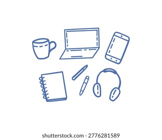 Hand drawn blue line art doodles of office supplies and tech gadgets including laptop smartphone headphones and coffee mug with white background computer smartphone headphones notebook