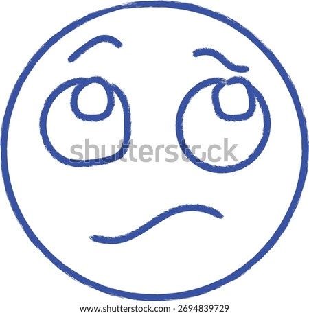 Hand drawn blue line art emoji face showing confusion and doubt with rolling eyes and a questioning expression