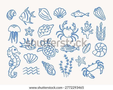 Hand drawn blue line art ocean set with sea turtle, crab, seahorse, jellyfish, fish, starfish, shells and seaweed. Monochrome marine doodle collection for coastal prints, patterns and summer design.